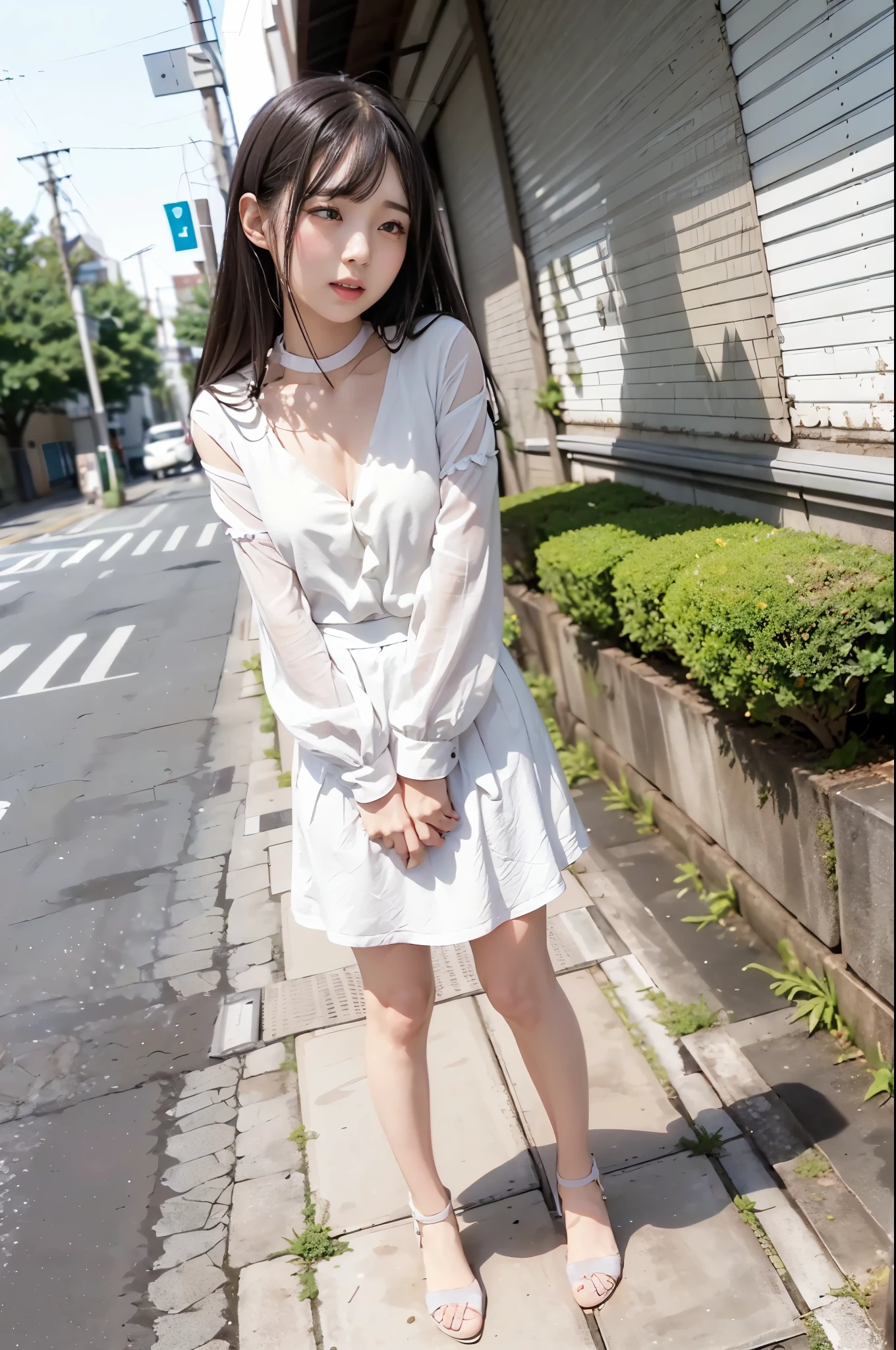 1 Japanese girl,standing,blushing and embarrassed face,summer casual style,white blouse,white flare skirt,white choker,white high heels,((Full body:1.2,Voyeur from the side:1.2)),slim body shape,from below,realistic,best quality,ultra-detailed,high resolution,beautiful white skin,looking at another,flooring room