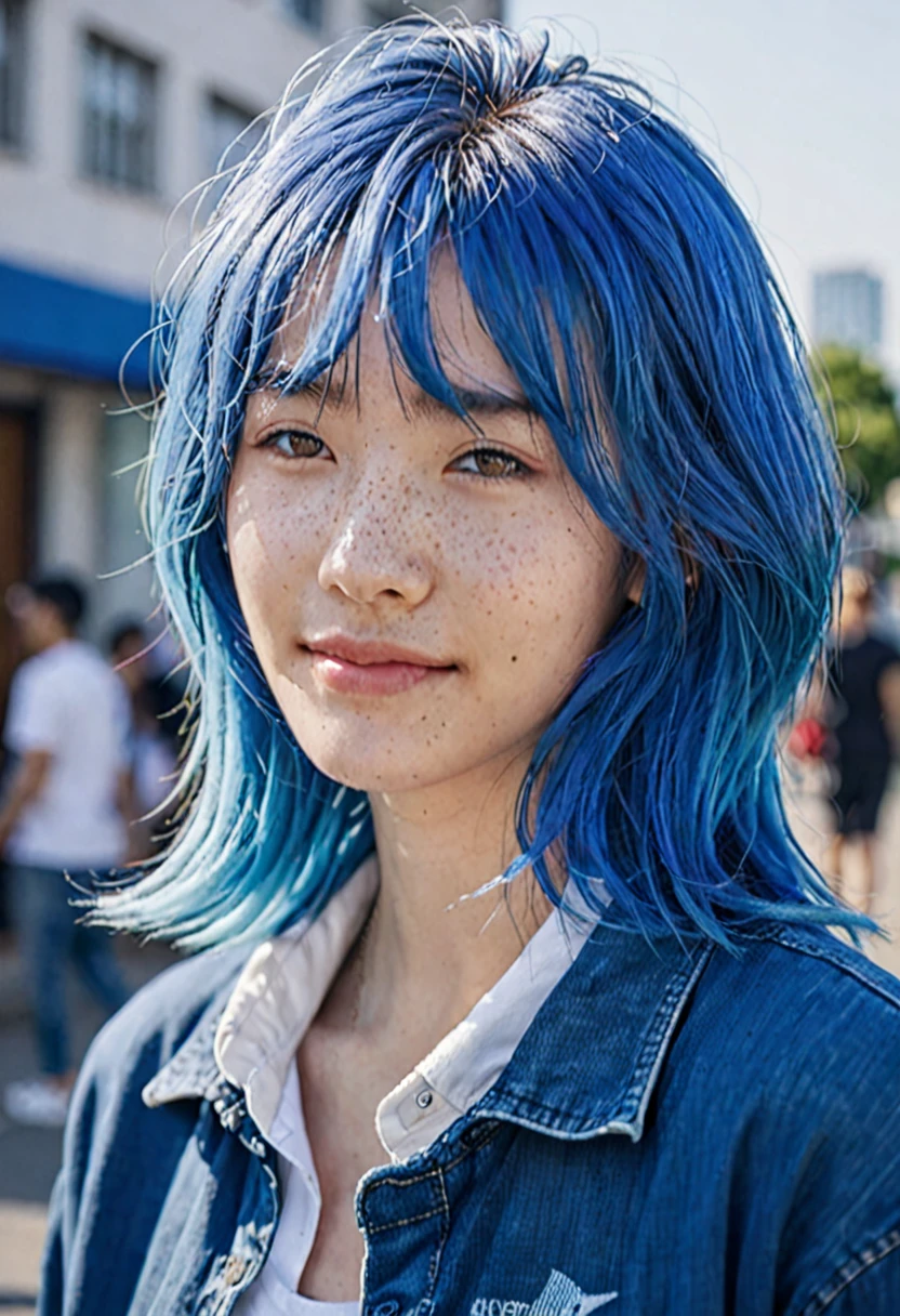 blue hair。Best Anamorphic Lens Photography 50mm Lens Freckled Woman。In the background, the morning sun shines on her hair.、background is blurry。casual fashion。fashionable。NIKE sneakers。The whole body is visible。smile。