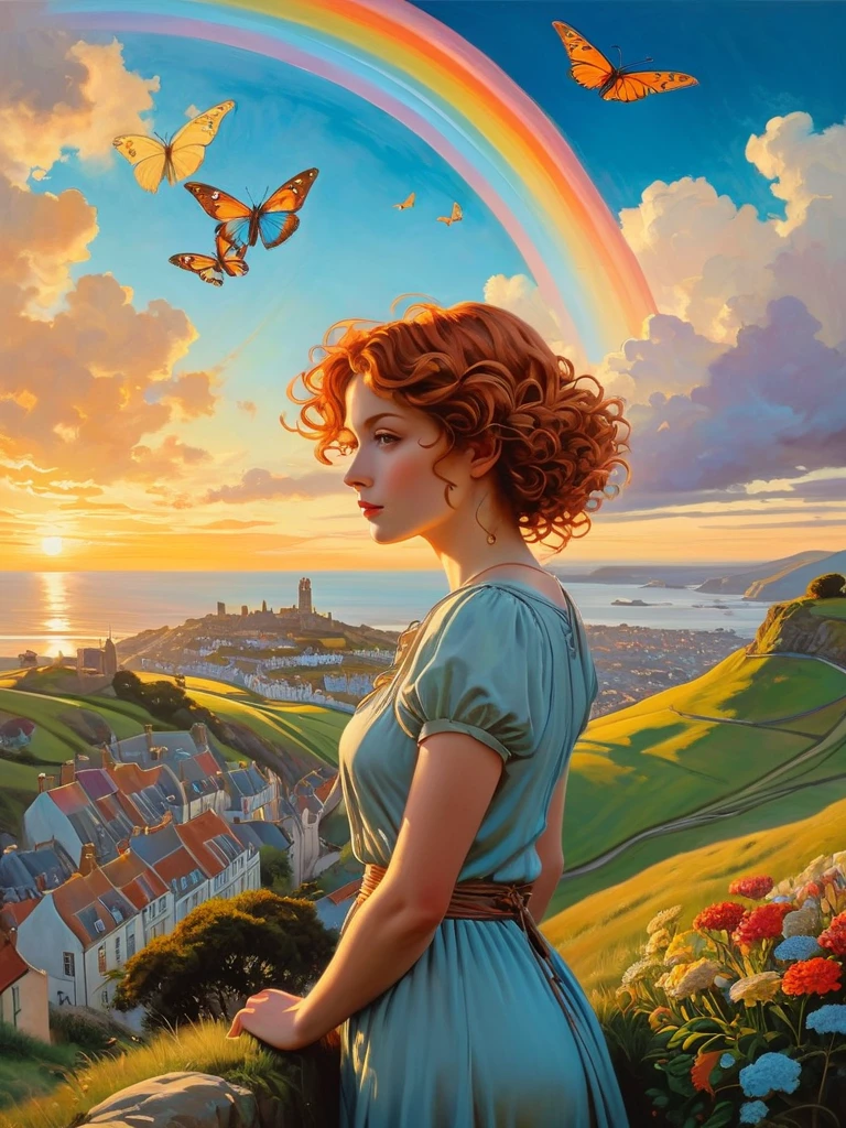 A breathtaking photorealistic oil painting by Greg Rutkowski, inspired by Alphonse Mucha and the Studio Ghibli aesthetic, capturing a beautiful British woman with short, curly ginger hair. She stands atop a hill, gazing at the picturesque Cornwall city below. The warm sunset colors create a stunning contrast with the cool blues of the city, as a seagull soars in the sky. A butterfly hovers near vibrant flowers in the foreground, while a rainbow arches across the heavens. The overall atmosphere of the painting is cinematic and evocative, with the composition inviting viewers to immerse themselves in this enchanting scene., cinematic, painting