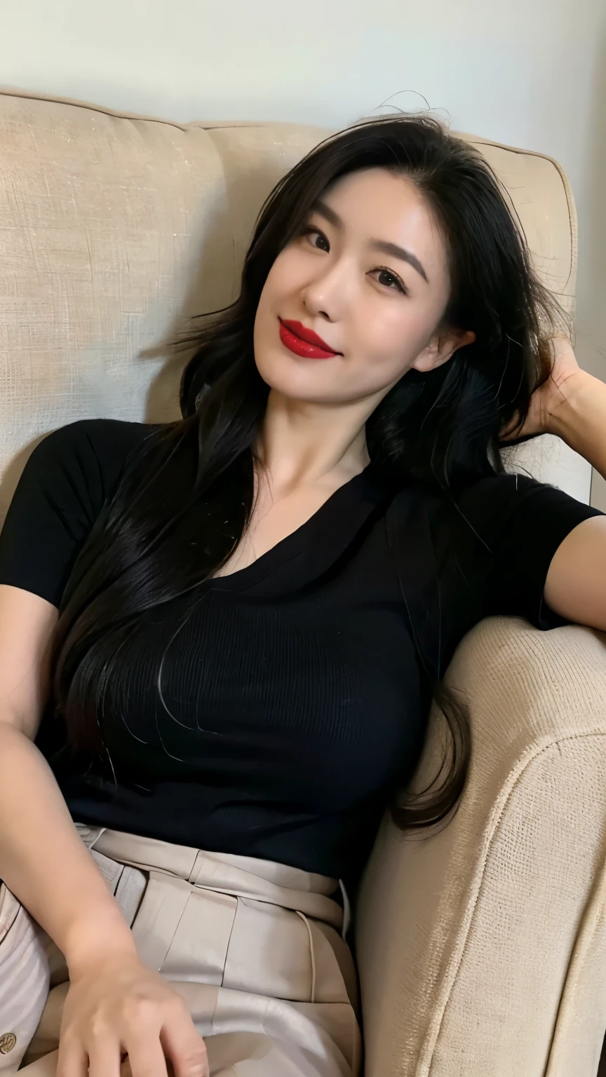 Draw lips correctly, red lipstick, from chest up, best quality, Super detailed, lifelike, Super fine skin, perfect anatomy, (1 日本Mature的女人), (alone)，wear a shirt，short sleeves，Black belt，wavy long hair，37-year-old female，Mature，charming smile，On the sofa，stand，Leg length，Chubby，Big breasts，stand up，full-body shot