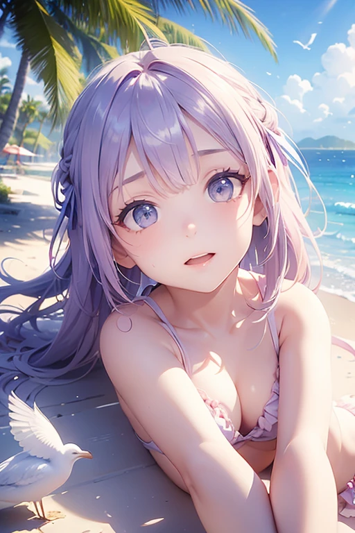 Blush, Serapuk, collarbone, ribbon, upper body, Condition the hair, wind, floating hair,purple hair, spread your arms. (((Desperate face.)))lie down.face.small breasts,Take off all clothes.((be happy))), (((bikini))), (((outdoor, shining sky, sunlight, summer, beach, Resort, palm tree, flying seagull, spread your arms. (((Desperate face.)))lie down.face.small breasts,