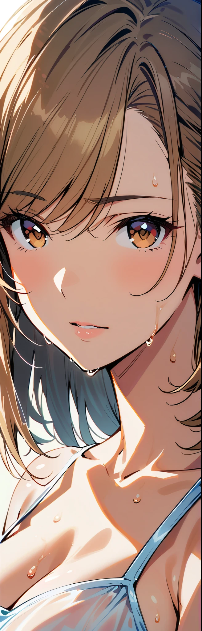 (best quality:1.2),1girl,solo,portrait, elegant mature woman, brown eyes, long straight hair, swept-side bang, [[brown hair]], (blonde hair), camisole, big breast, sweaty skin, shiny skin, transparen camisole, see through camisole, high resolution 8k, beautiful cg