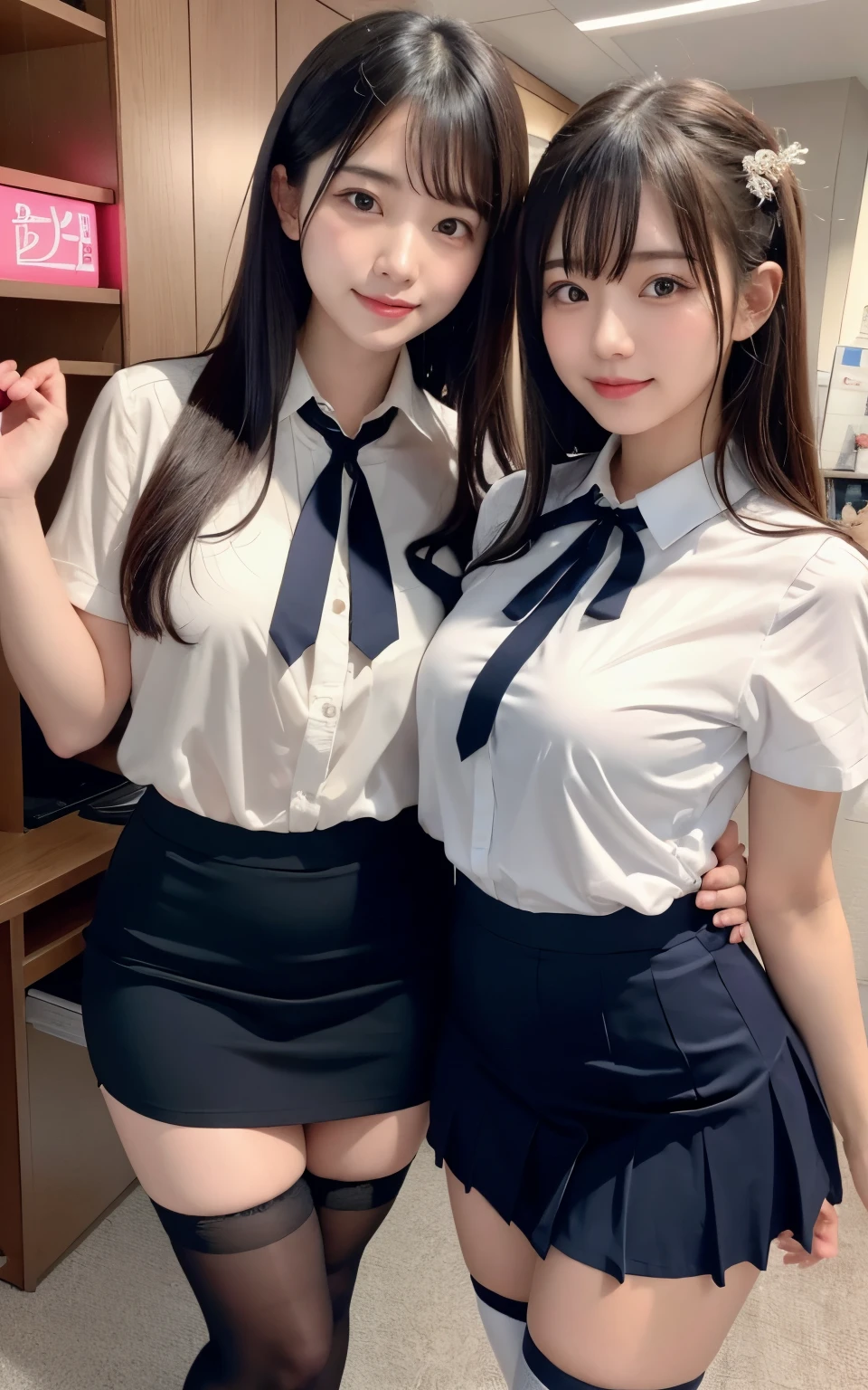 Medium chest、25 year old woman、Seduce with legs、I can see my underwear、Pose with butt sticking out、Naughty temptation、pose of temptation、sexy pose、erotic thighs、high angle shot、center view、Standing in the neon city at midnight、white short sleeve shirt、Two arafe Asian women wearing satin shimmy、Upper grade:1.2、look of temptation:1.3、Medium chest、chest bulge、amazingly cute girl、japanese girl、Wearing a lace slip shimmy、surreal 、surreal 、 temporarily stop、Full body Esbian、nice skin、glowing skin、nice thighs、Glowing thick knee socks、Japanese high school 、Nogizaka Idol、(Japanese high schoolの)、please invite me inside、Inviting Eyes、white blouse、dark blue skirt、black stockings