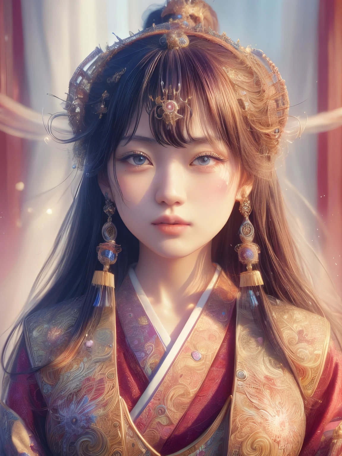 Hyper-realistic portrait of a Japanese girl portraying a Jinn, intricate and detailed outfit with magical themes, close-up, shallow depth of field, dramatic lighting, high resolution, accurate representation, unique, creative, well-lit, clear details, Canon EOS R5, 85mm lens, f/1.2, powerful, elegant, sophisticated, well-composed, unique pose, warm color tones