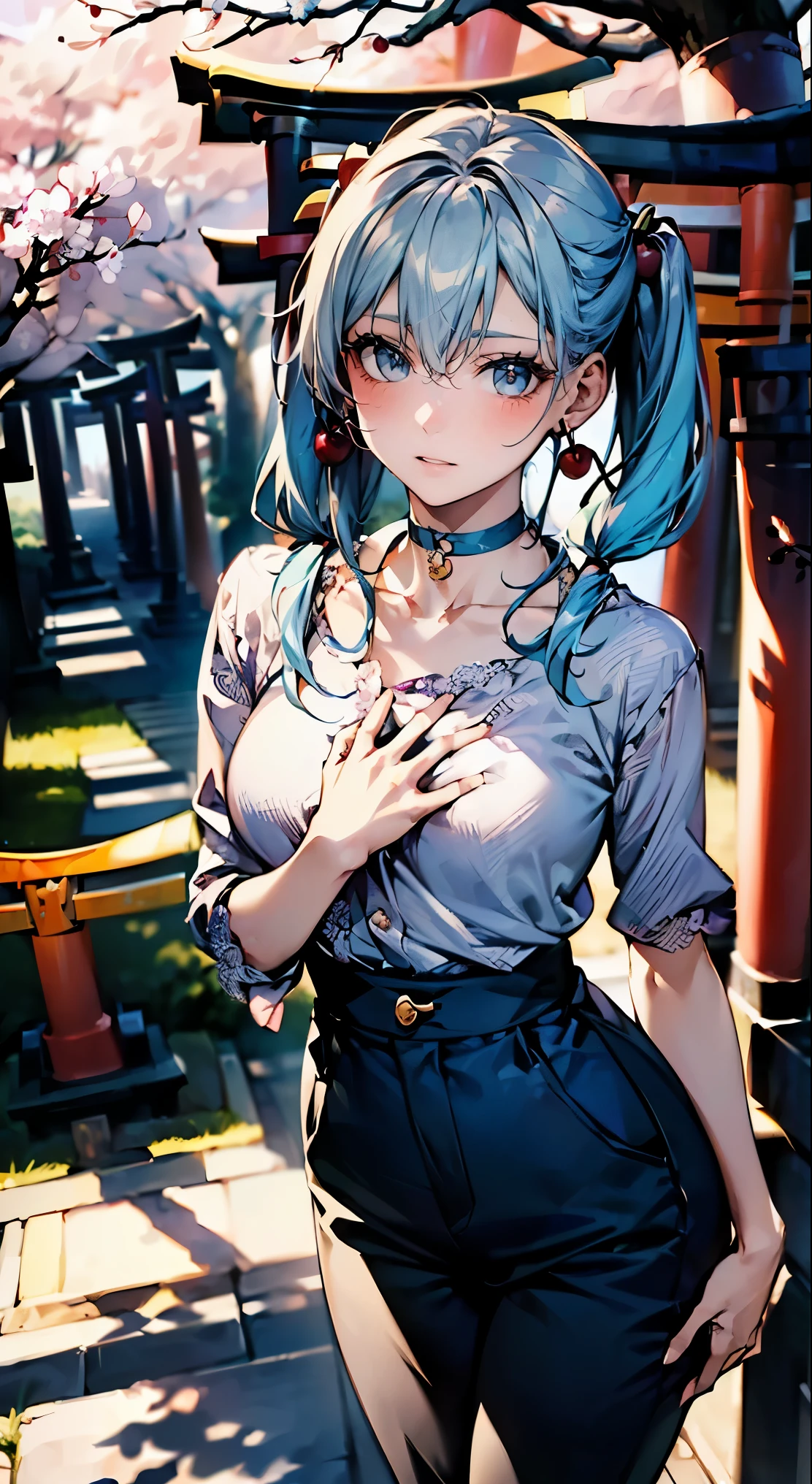 (masterpiece:1.2, highest quality, 8K, advanced details), (realistic, photorealistic:1.4), beautiful illustrations,
looking at the viewer, whole body, Front view:0.6,
((1 mature woman, 32 years old)), Japanese, ((light blue hair, Twin tails in a high position:1.6)), blown hair, bangs, hair between eyes , Big Tits Beautiful Hair, Beautiful Hairstyles, beautiful face, beautiful and detailed eyes, (shining eyes:1.3), beautiful clavicle, beautiful body, beautiful breasts, beautiful thighs, beautiful feet, beautiful fingers, perfect anatomy:1.3, perfect anatomy,
((Place your left hand on your chest:1.3)),
(Look at the viewer while blushing:1.3)
((blouse, pants, choker:1.3)), ((shrine:1.6, Within the territory, torii, Cherry tree:1.3))