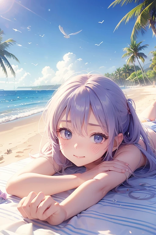 Blush, Serapuk, collarbone, ribbon, upper body, Condition the hair, wind, floating hair,purple hair, spread your arms. (((Desperate face.)))lie down.face.small breasts,Take off all clothes.((be happy))), (((bikini))), (((outdoor, shining sky, sunlight, summer, beach, Resort, palm tree, flying seagull, spread your arms. (((Desperate face.)))lie down.face.small breasts,(16 year old high school girl),High quality