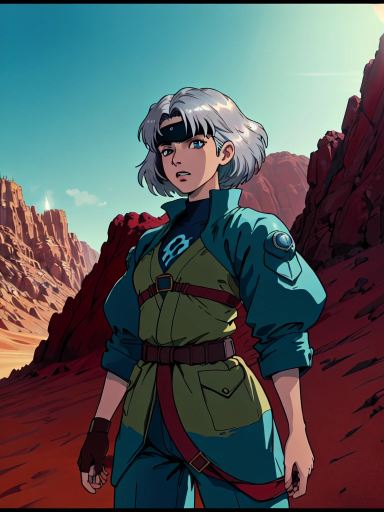 masterpiece, best quality, high quality, absurdres, illustration, film grain, chromatic aberration, dramatic lighting, (high resolution,masterpiece, ultra best quality, insanely amazing hyper fine extremely detailed, official:1.4)
(solo girl, female),(eye patch on left eyes ),((solo girl)),
((punk outfit )),((short silver hair ))++++, dynamique pose, full body, look at viewer, front pose
break
in the style of a 80's movie and japan animation,(( inspired by dune, nausicaä of the valley of the wind, trigun, akira),(masterpiece:1.5, best quality:1.5),(red sand desert), (red desert landscape), ruine in backgournd, amazing, beautiful detailed, extremely detailed wallpaper, extremely detailed CG unity 8k wallpaper, extremely delicate and beautiful, finely detailed, extremely detailed wallpaper, official art, detailed background, beautiful detailed shadow: 1.5, cinematic lighting, backlight),