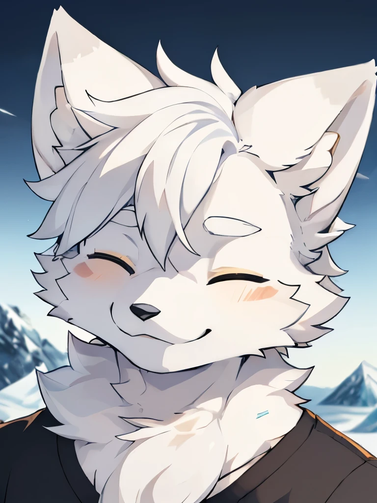 ((best picture quality))，masterpiece，the only person，Super detailed，(Male Arctic fox:1.5), (white skin:1.3), hairy，(white fur:1.3),(golden pupils) ,(Gray ears),(hairy 动物 耳朵s)，t-shirt，Smile，eyes closed，Detailed face，Detailed clothes，upper part of body，Character close-up，((Detailed eye details))