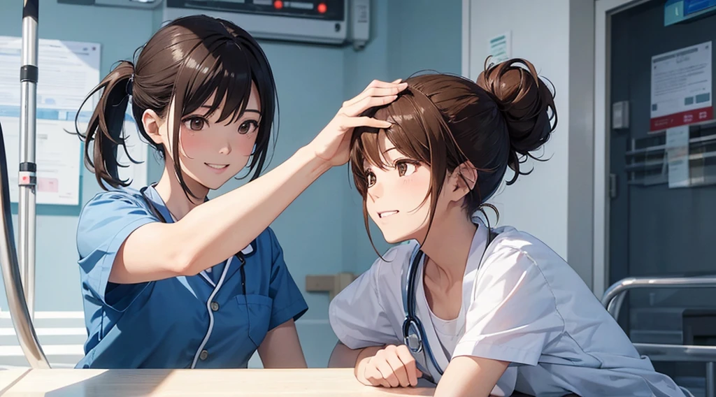 Dressed in white uniform2female high school students are sitting at a table, Japanese high school, japanese anime, in the laboratory, Medical Anatomy, medical laboratoryoratory, student, Japanese, science lab, Japanese anime style, in the lab, medical laboratory, sunset, subtitle, wearing Japanese school uniform, in the background, Still image, Kyoto animation style, smile, hair color is black