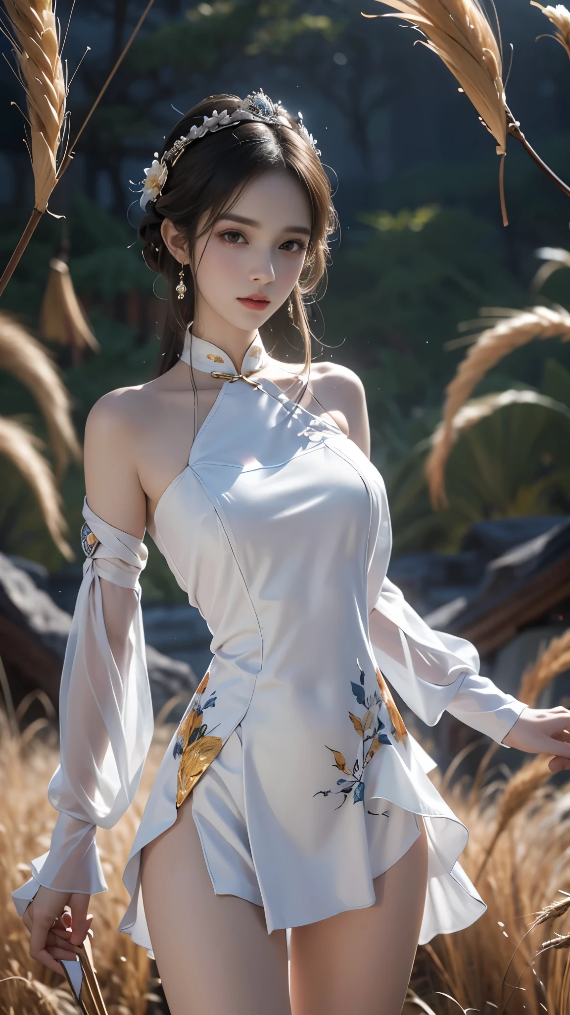 masterpiece，best quality，High质量，High清晰度，High质量的纹理，High质量的阴影，High细节，Beautiful details，fine details，Extremely detailed CG，Detailed texture，lifelike的面部表现，lifelike的，colorful，Beautifully，sharp focus，(intricate details，Pure love face_v1:0.5)，(细节美Beautifully脸，(细节美Beautifully眼睛)，perfect比例的脸，HighSkin details，Skin details，The optimal ratio of four fingers to one thumb，emaciated:1.3)，1 girl，，High，(光滑的abdominal muscles:1.55)，(abdominal muscles:0.5)，beautiful，perfect，High，((Big breasts, big breasts, big breasts)), ((bare shoulders)), ((The skirt is very short)), (long legs)，(straight legs)，(thin waist)，((White skin))，White skin，((White skin))，(Emma Watson)，big breasts，((Caucasian))，Light blonde hair，Stand with your legs apart，looking at the audience，whole body，Portrait of cute blonde girl，((Standing in the wheat field,look into the distance))，bloom，orange mist，kinetic，strands of hair，lifelike，High品质渲染，amazing art，High品质，Film texture，Fuji XT3，dream