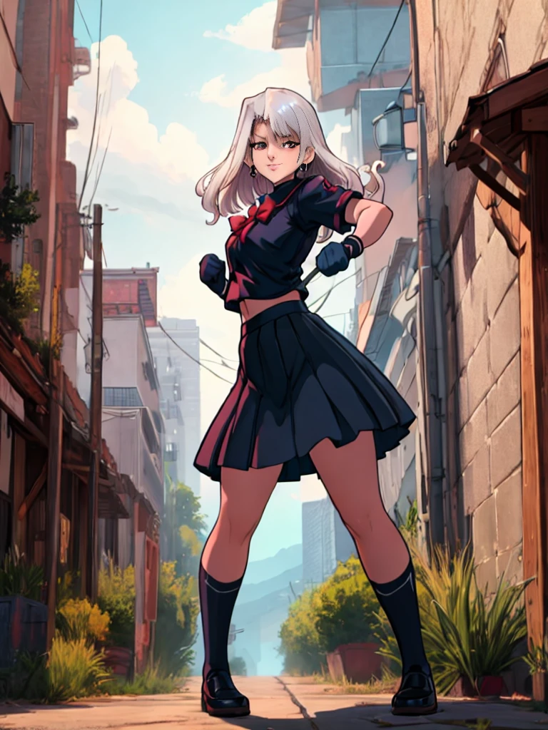 cartoon, sukeban illyasviel_von_einzbern, mature_female, silver hair, holding yoyo, combat pose, full body, flowing hair, hair between the eyes, asymmetrical hair, red eyes, delicate facial features, sukeban deka clothe, looking_at_viewer, outdoors, background tokyo, ((solo girl:1,5))+++++,woman in a 80's sukeban seifuku standing on a set of strees, black , 80's japanese sukeban photo, sukeban seifuku,  80's japan, sukeban, long black skirt, red converse, full body, light skin tone female, full body, tape, arm_support, gloves, red_gloves, bridal gauntlets, blackred_footwear, fighter outfit, full body, hourglass, mature face, cheeky smile, cheeky face, wrinkles,( silver long hair, earrings, ear piercings), (fighting art, Martial arts, standing, fighting_stance, fight, fighting), extra colors, 2D, megapixel, perfectionism, accent lighting, full HD , 4K, masterpiece, empty red eyes,  extra colors, 2D, megapixel, perfectionism, accent lighting, full HD , (Masterpiece:1.2), (full-body-shot:1),(cowboy shot:1.2), (Highly detailed:1.2),(anime Detailed Face:1.2), Colorful, A detailed eye, (Detailed landscape:1.2), (natural lighting:1.2), ((sukeban school teacher)) by Vincent Di Fate: Aidyllery, Anamorphic Shot, rule of thirds, face by Artgerm and WLOP, ((street of rage 4 city backround)), fictive city backround in the style art of street of rage 4,