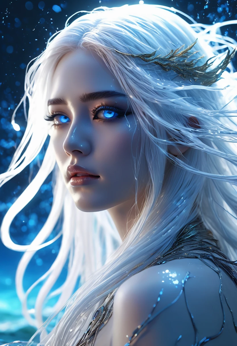 cosmic fallen angel, long white hair,Veins pop out on the face,shining blue light eyes, biomechanics, Spooky, spooky, Nightmare, Very bright color, particles of light, light shines, Musif, wallpaper art, uhd wallpaper,background flame,Ocean background、Mr.々Nakami々is powerfully depicted。They are the forces of nature and people.々Symbolizing the faith of、god of the sea秘と神聖さを表現しています。Your work is、Combining mythological and religious elements、god of the sea々Please draw the figure of。