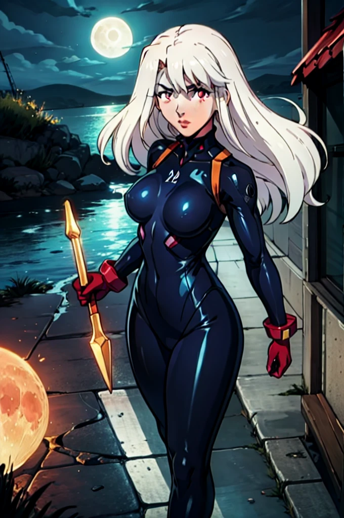  illyasviel_von_einzbern in the style of evangelion, shiny_skin, (clothe inspired by evangelion, aliens, gunbuster, gunnm, metal gear, death stranding), impossible_clothes, bodysuit, white & red bodysuit, suit, pilot suit, jumpsuit, plugsuit, armor, shiny_clothes, jacket, cybernetics suit, gloves, gainax anime style, studio gainax art, studio gainax illustration, inspired by Masamune Shirow, studio gainax, big breasts, two_side_up, full body, can't be this cute, girl on top, long_hair, white_hair, silver_hair, floating_hair, hair_between_eyes, asymmetrical hair, red_eyes, looking_at_viewer, outdoors, holding, holding_weapon, Spear of Longinus, cowboy_shot, background, glowing, moon, red, red moon, full_moon, moonlight, star_(sky), night, city, building, cityscape, science_fiction, ((mature female, mature, milf)), 