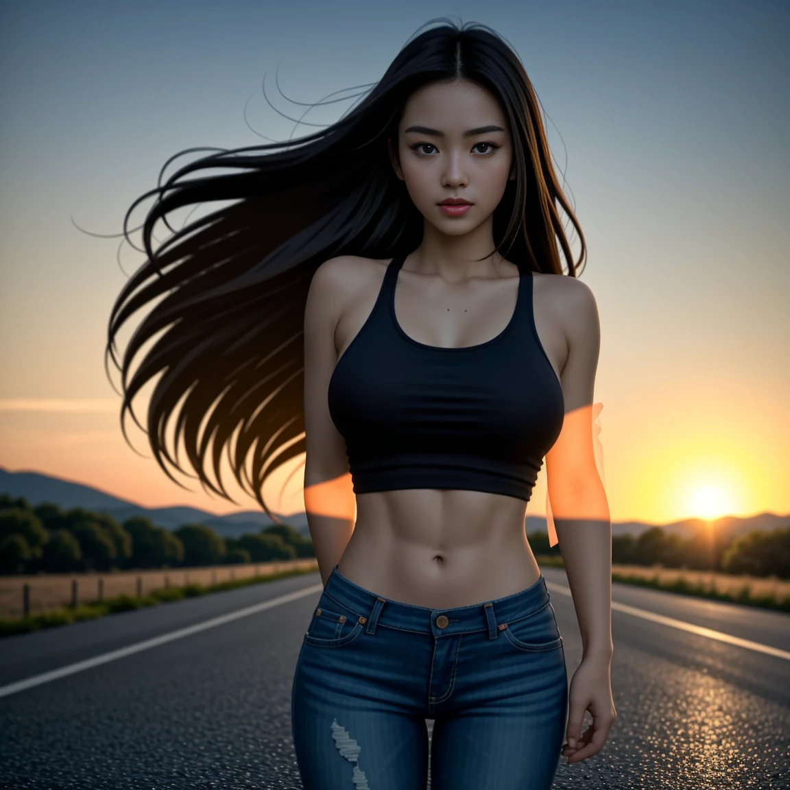 Best picture quality, Masterpiece, Ultra high resolution 8K, photograph, 1 Asian girl gets a beauty makeover, her long hair blows in the wind. The face is too realistic and the six-pack abs are outstanding. Very large breasts, prominent, shiny, bouncy., Looking straight at the action with various seductive poses wearing tight old ripped jeans.;) An old, torn, sexy tank top in a variety of bright colors. Wet on the road in the community, lifestyle, Miss 8K, Sunset at sunset,lively setting, It's coming on strong. ,, summer evening, Natural countryside, sunlight shining brightly,.. Picture clarity 8k, Taken with a high quality camera 45,000,000 Chili Cell