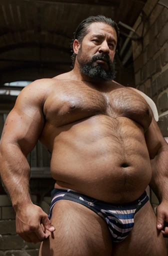 Un luchador afroamericanos de finales del siglo XIX, standing full length a sweaty old man with black and gray hair parted in the middle very large handlebar mustaches extremely muscular and extremely fat over 70 years old weighing over 600 pounds with extremely large and very muscular sagging pecs and very hairy with gynecomastia and very big nipples, Dark-tipped, muscular men relaxing in a Victorian London alley wearing only white and red horizontal striped tights