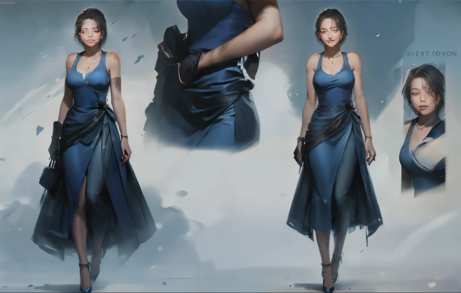 (best quality,highres), a woman in a blue dress clutching her left hand with her right hand, covered in bruises, eyes closed in pain, wearing high heels, full body shot, close-up, expertly detailed concept art,