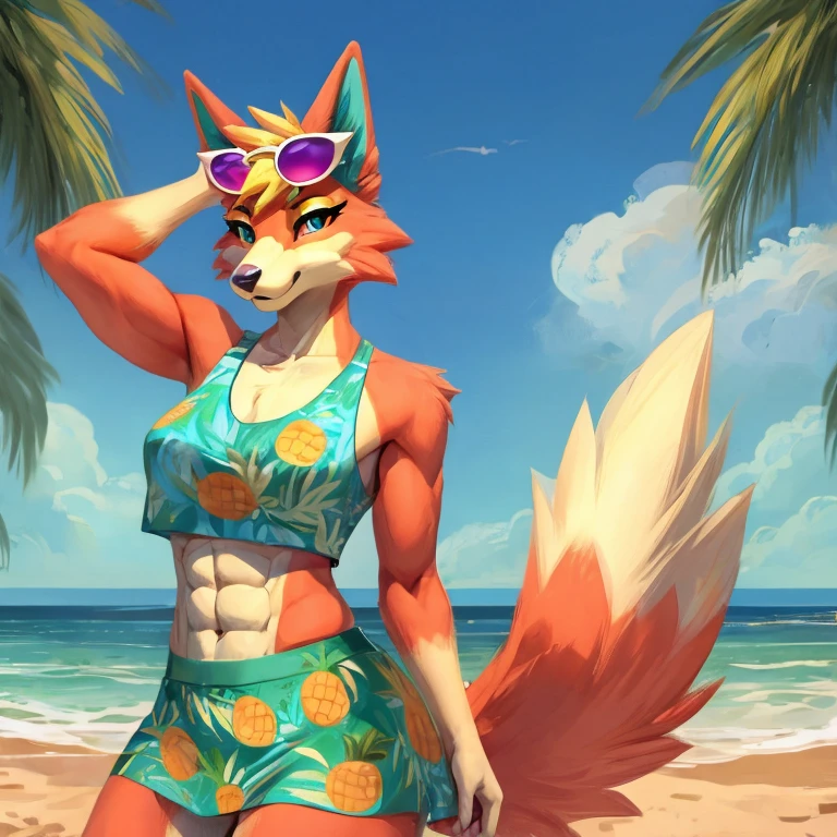 a digital artwork of audie with abs wearing a crop top of her turquoise and pineapple muumuu with a turquoise and pineapple skirt, a bare midriff and a bare navel , she has sunglasses on her forehead 