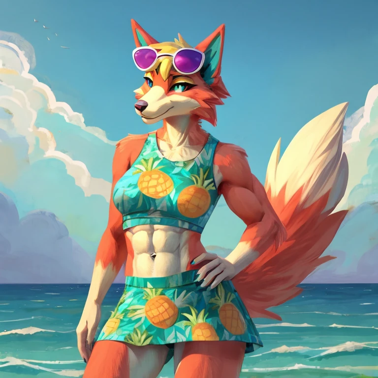 a digital artwork of audie with abs wearing a crop top of her turquoise and pineapple muumuu with a turquoise and pineapple skirt, a bare midriff and a bare navel , she has sunglasses on her forehead