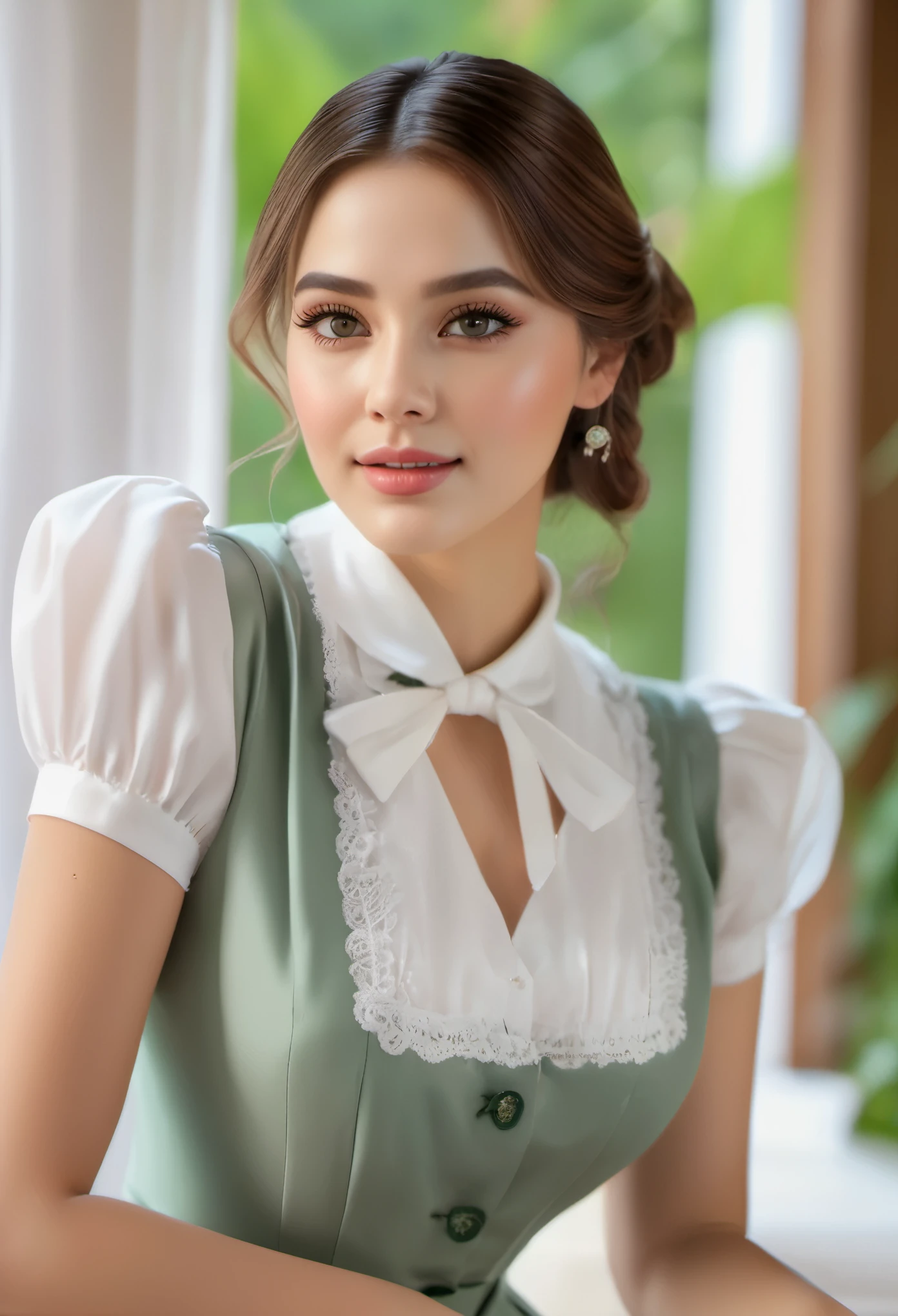 (best quality,4k,8k,highres,masterpiece:1.2),ultra-detailed,(realistic,photorealistic,photo-realistic:1.37),maid uniform,cute girls,cleavage,detailed outfit descriptions,beautiful detailed eyes,beautiful detailed lips,long eyelashes,vivid colors,portraits,soft lighting,subtle shadows,flawless skin,blush on cheeks,natural makeup,happy expressions,feminine poses,delicate accessories,pastel color palette,lush green garden background