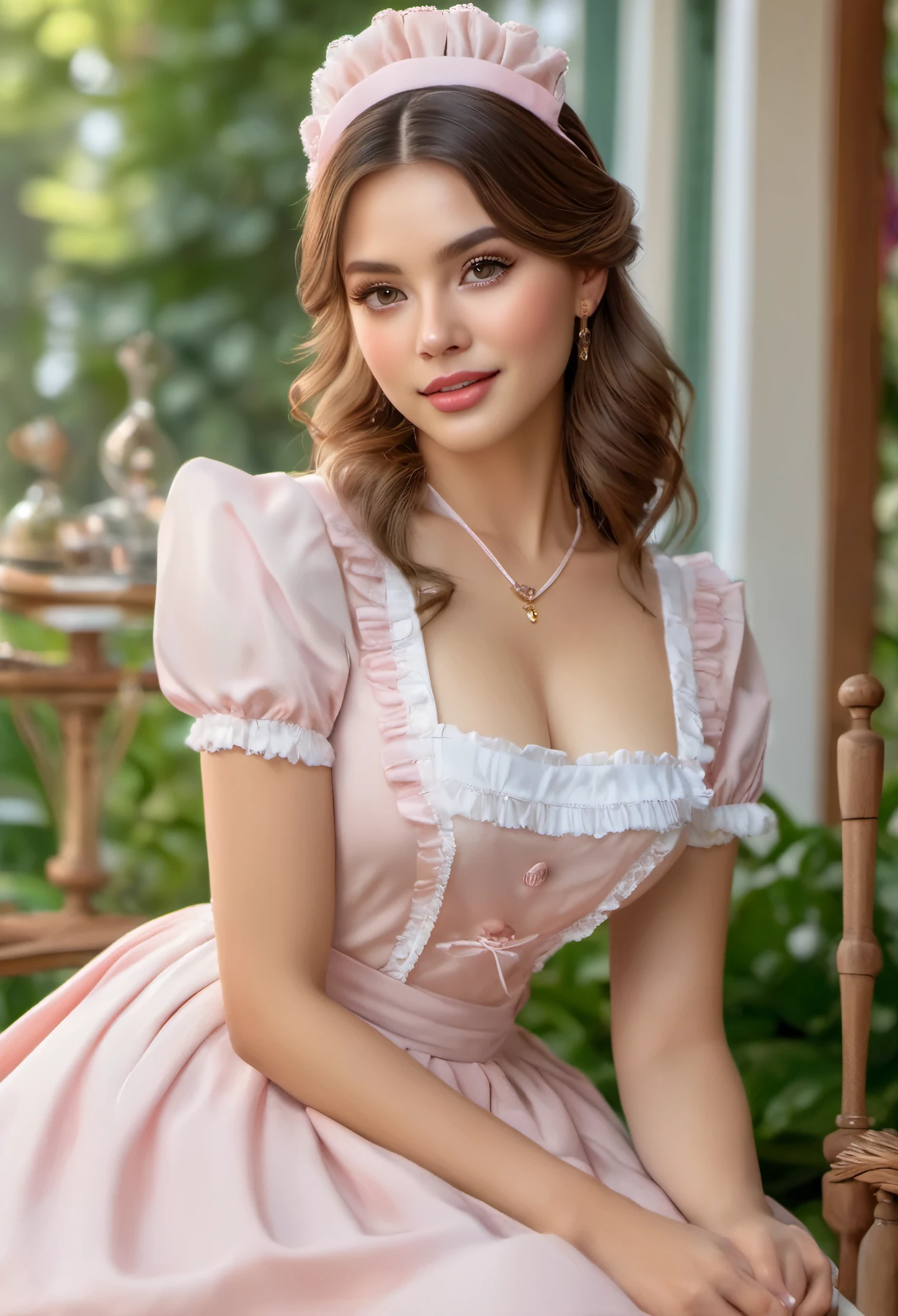 (best quality,4k,8k,highres,masterpiece:1.2),ultra-detailed,(realistic,photorealistic,photo-realistic:1.37),maid uniform,cute girls,cleavage,detailed outfit descriptions,beautiful detailed eyes,beautiful detailed lips,long eyelashes,vivid colors,portraits,soft lighting,subtle shadows,flawless skin,blush on cheeks,natural makeup,happy expressions,feminine poses,delicate accessories,pastel color palette,lush green garden background