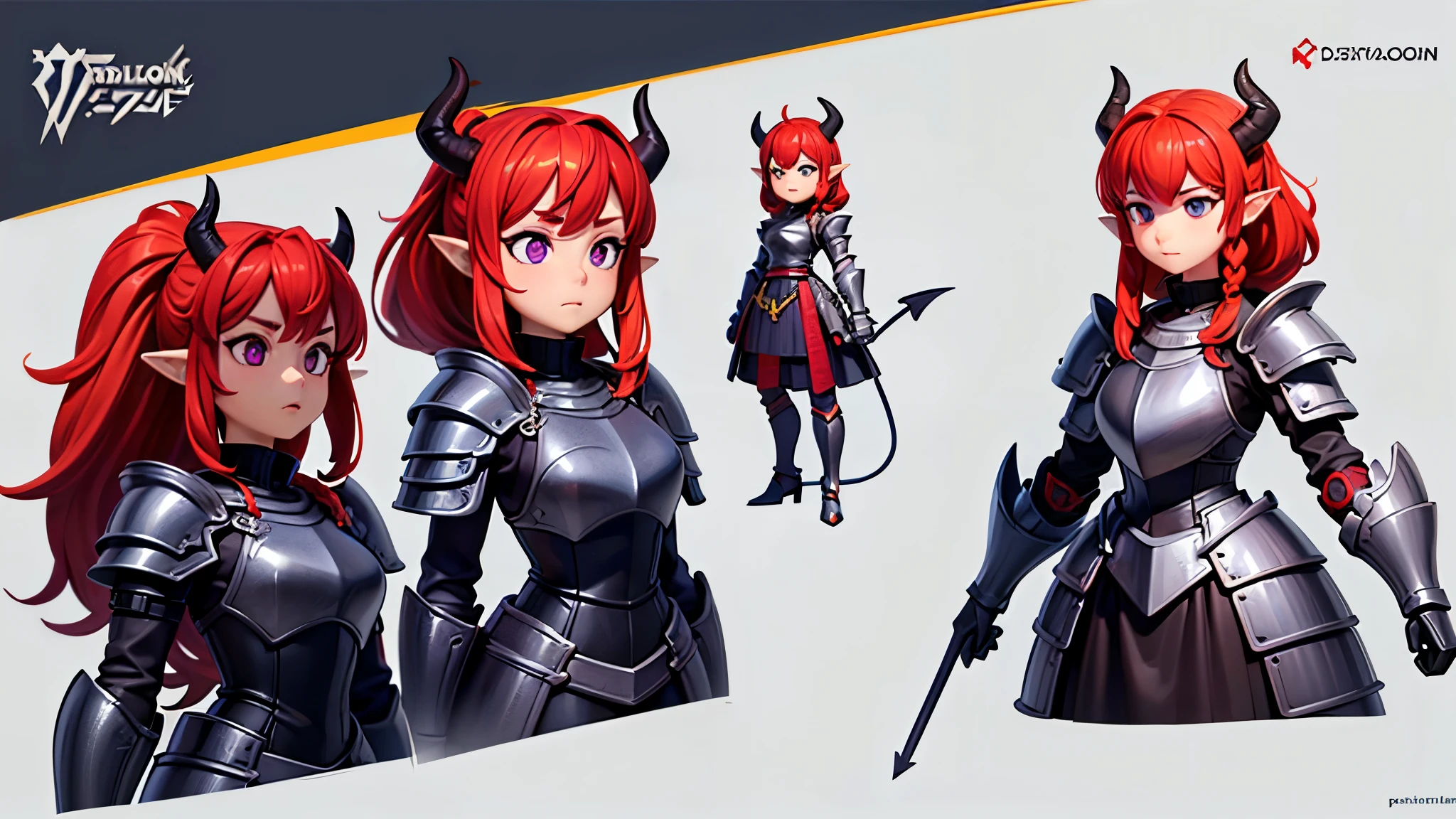 (Masterpiece, best quality), detailed, character sheet, many items (the same person, medieval royal armor, demonic heavy armor, fullplate armor, many parts), athletic, busty, demon, demon girl, detailed beautiful purple eyes, detailed face, pointy ears, red hair and white skin, braided ponytail, demon horns, full of details.