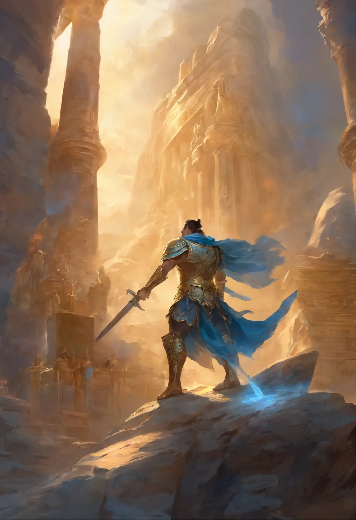 male、Foot soldiers、warrior、strong、Parthenon temple、blue armor、whole body