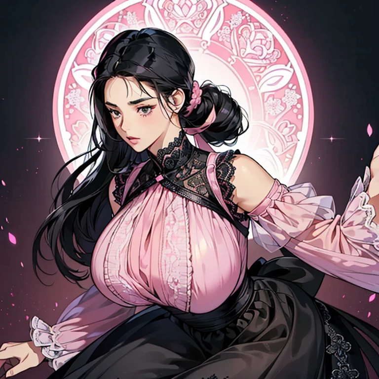 (Anime Moe Style)),((game CG)),(masterpiece),(highest quality), (Super detailed),shape,((very delicate and beautiful)), ,sharp look,looking at the viewer,(((18 years old female)),((whole body)),detailed face and eyes,Intense eyes like jewels,(long ponytail),,,(super huge breasts,Long and slightly saggy breasts,) plump body black hair, black eyes A gorgeous all-lace long-sleeved long-skirt dress. A body-hugging lace outfit. Pink and black lace fabric. Translucent. Arrogant. Cute pose.