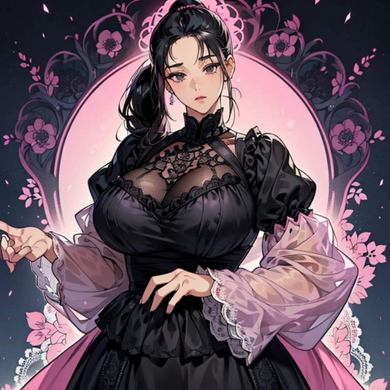 (Anime Moe Style)),((game CG)),(masterpiece),(highest quality), (Super detailed),shape,((very delicate and beautiful)), ,sharp look,looking at the viewer,(((18 years old female)),((whole body)),detailed face and eyes,Intense eyes like jewels,(long ponytail),,,(super huge breasts,Long and slightly saggy breasts,) plump body black hair, black eyes A gorgeous all-lace long-sleeved long-skirt dress. A body-hugging lace outfit. Pink and black lace fabric. Translucent. Arrogant. Cute pose.