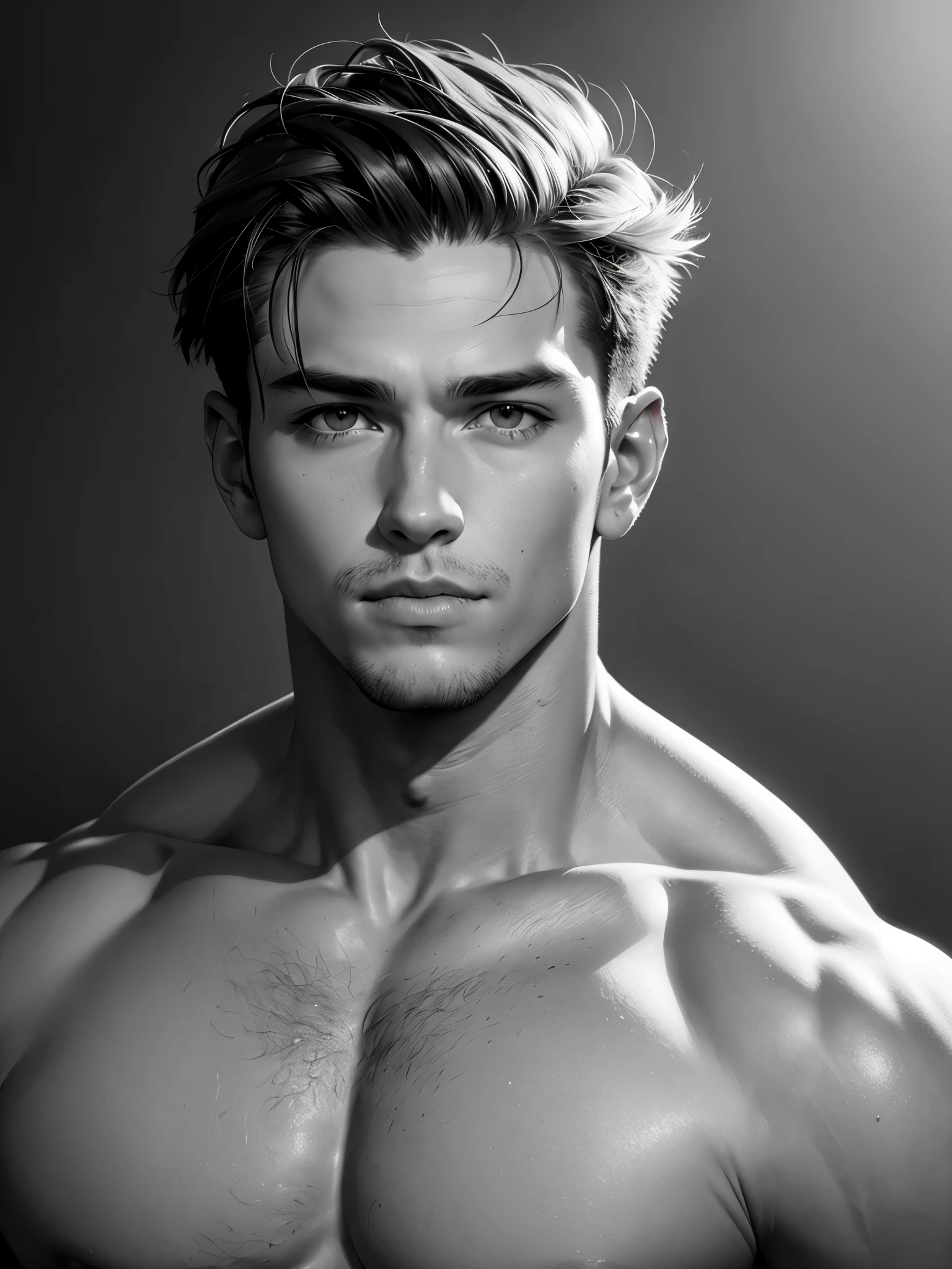 half body , portrait, mono tone,American, studio light,simple background,handsome male,muscular,top-quality、masterpiece high resolution、