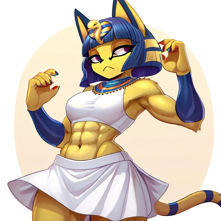 a digital artwork of ankha with abs wearing a crop top of her white sleeveless dress with a white skirt, a bare midriff and a bare navel