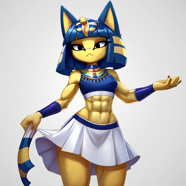 a digital artwork of ankha with abs wearing a crop top of her white sleeveless dress with a white skirt, a bare midriff and a bare navel 