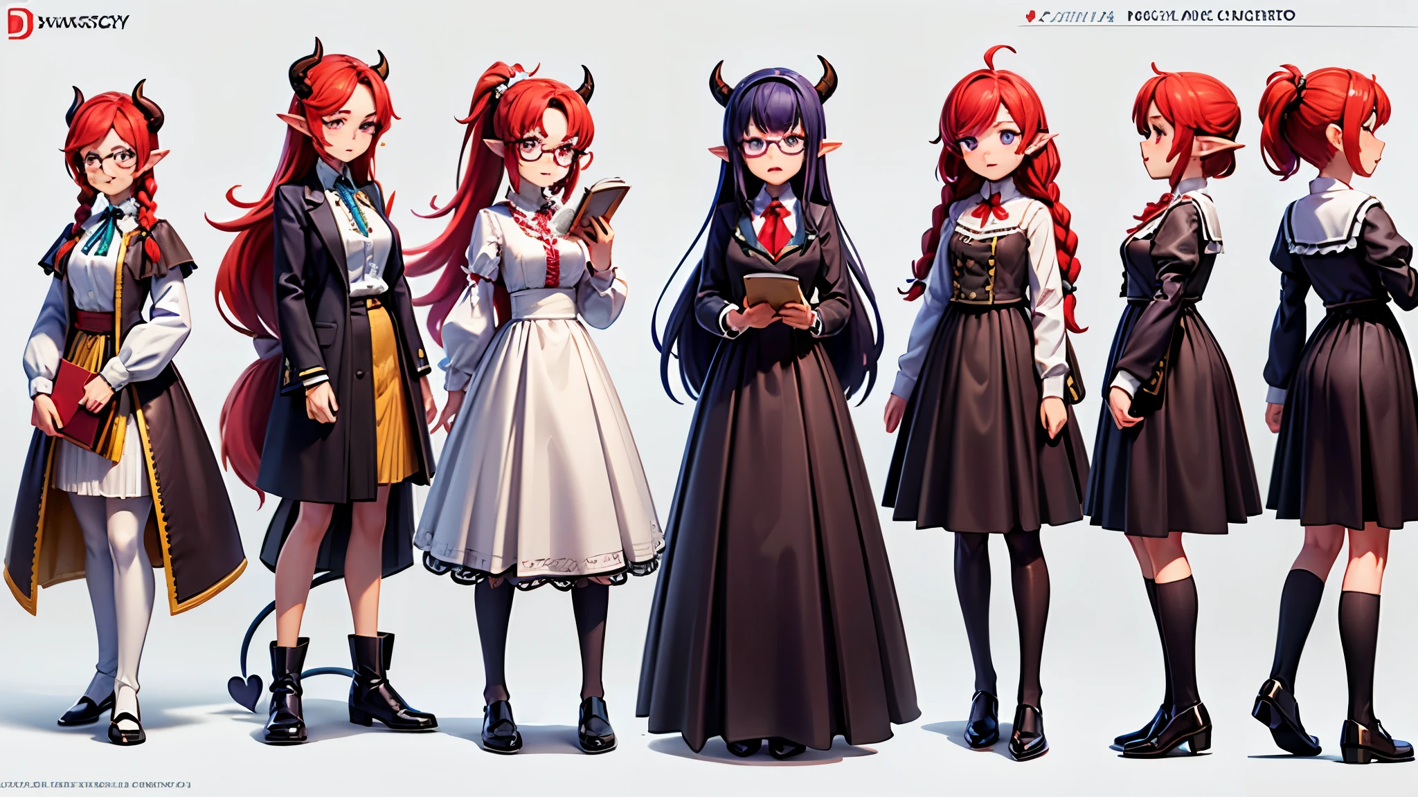 (Masterpiece, best quality), detailed, character sheet, many items (the same person, medieval royal clothes, magic academy uniform, blouse, skirt, glasses, reading glasses, white boots, many parts), athletic, busty, demon, demon girl, detailed beautiful purple eyes, detailed face, pointy ears, red hair and white skin, braided ponytail, demon horns, full of details.