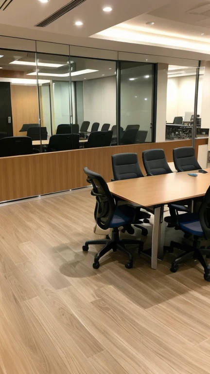 six people，meeting room，meeting，Conference table，A person stands up and speaks，The others sat on both sides of the table，Other people working around