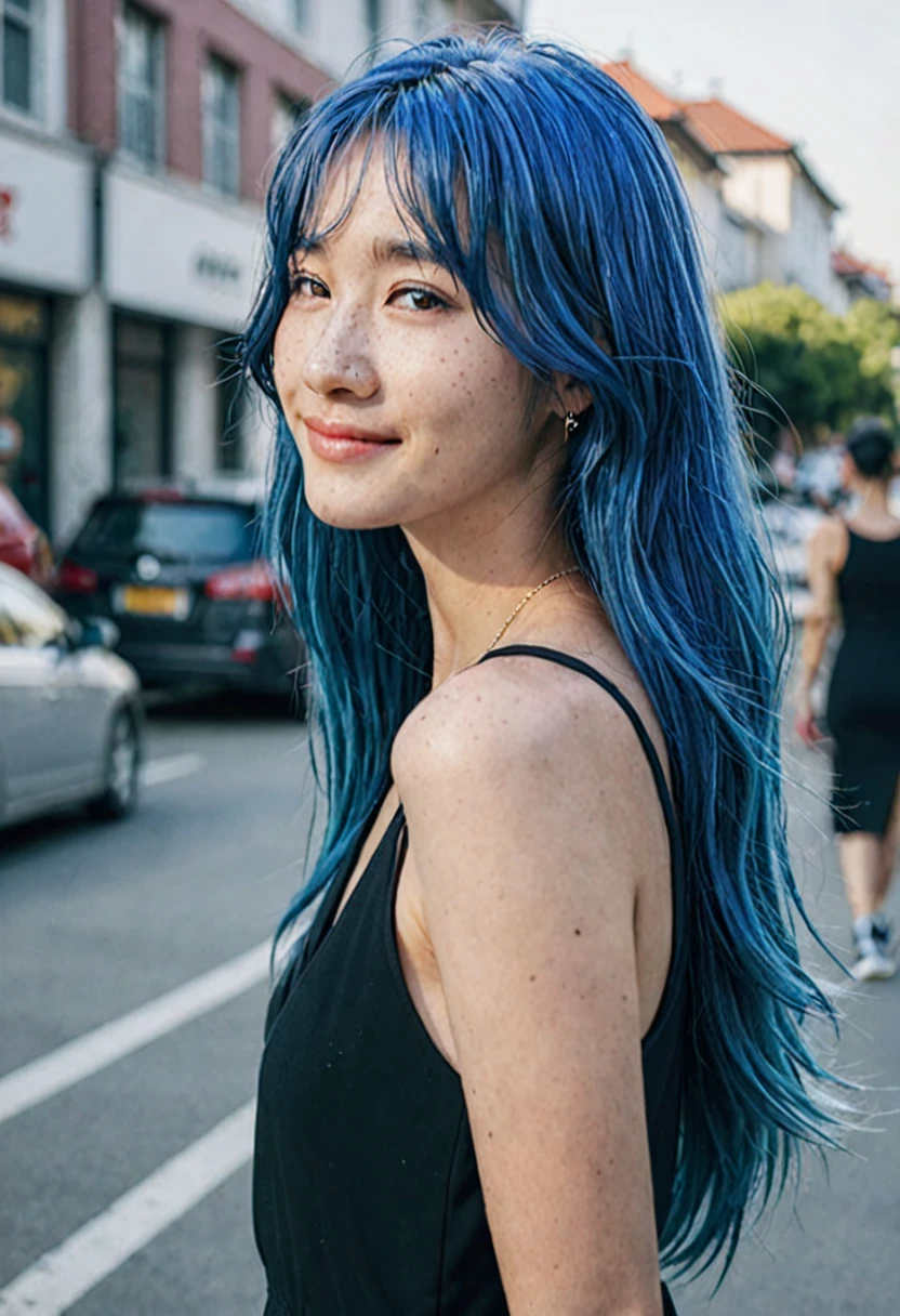 blue hair。Best Anamorphic Lens Photography 50mm Lens Freckled Woman。In the background, the morning sun shines on her hair.、background is blurry。black tight dress。fashionable。I&#39;m wearing Nike sneakers。Standing and showing the whole body。smile。