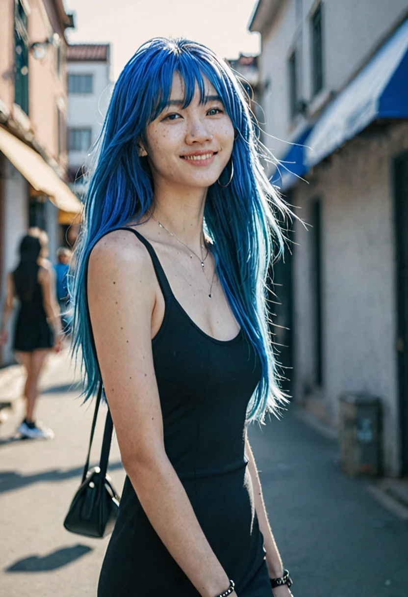 blue hair。Best Anamorphic Lens Photography 50mm Lens Freckled Woman。In the background, the morning sun shines on her hair.、background is blurry。black tight dress。fashionable。I&#39;m wearing Nike sneakers。Standing and showing the whole body。smile。