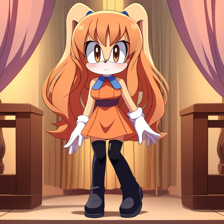 Female, Mobian, Rabbit, Cream the Rabbit sonic the hedgehog \(series\), rabbit girl, ((solo)), ((1girl)), ((hairstyles, long wavy hair with curtain side bangs, similar to Maria)), brown eyes, blushing, serious/mad, young adult, average sized breasts, hair on top of shoulders, long peach hair color that’s is wavy, wearing a mini tight orange dress, knee length tights, black boots, white gloves, arms crossed, many poses (((2D Anime Style))),