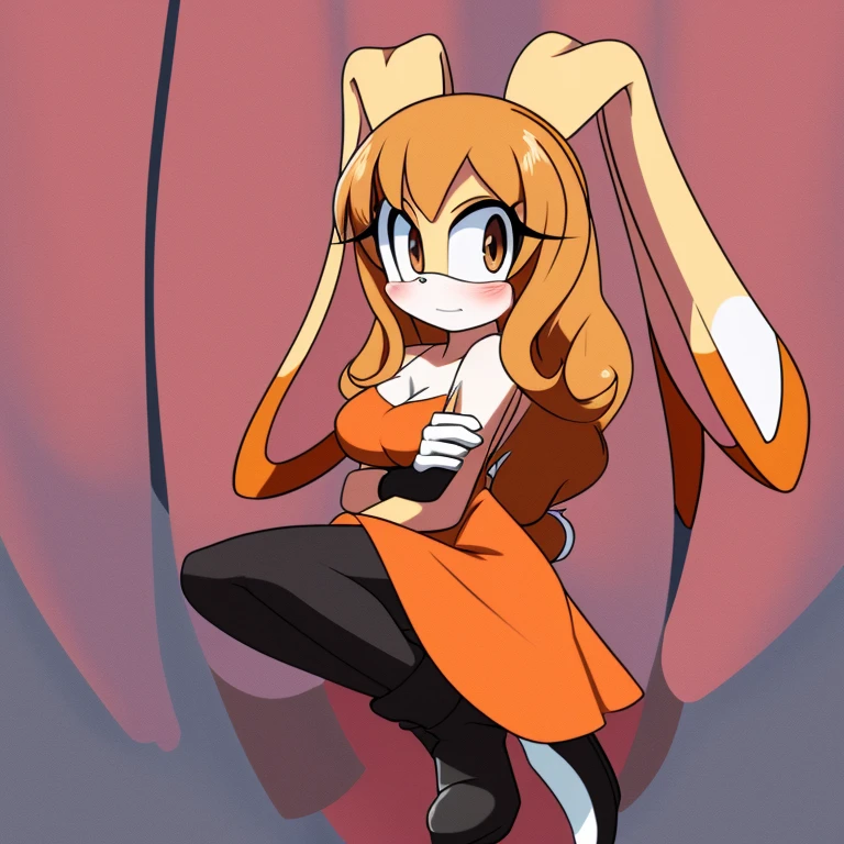 Female, Mobian, Rabbit, Cream the Rabbit sonic the hedgehog \(series\), rabbit girl, ((solo)), ((1girl)), ((hairstyles, long wavy hair with curtain side bangs, similar to Maria)), brown eyes, blushing, serious/mad, young adult, average sized breasts, hair on top of shoulders, long peach hair color that’s is wavy, wearing a mini tight orange dress, knee length tights, black boots, white gloves, arms crossed, many poses (((2D Anime Style))),