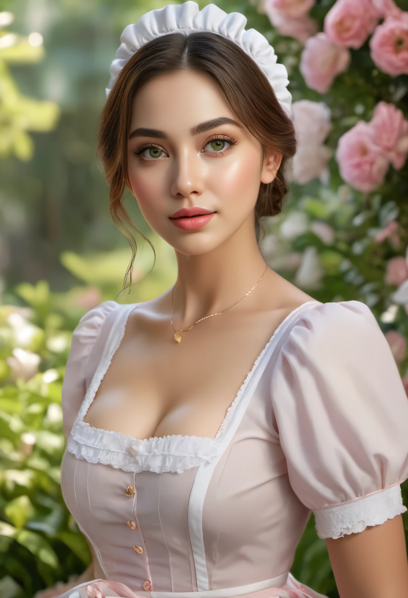 (best quality,4k,8k,highres,masterpiece:1.2),ultra-detailed,(realistic,photorealistic,photo-realistic:1.37),maid uniform,cute girls,cleavage,detailed outfit descriptions,beautiful detailed eyes,beautiful detailed lips,long eyelashes,vivid colors,portraits,soft lighting,subtle shadows,flawless skin,blush on cheeks,natural makeup,happy expressions,feminine poses,delicate accessories,pastel color palette,lush green garden background