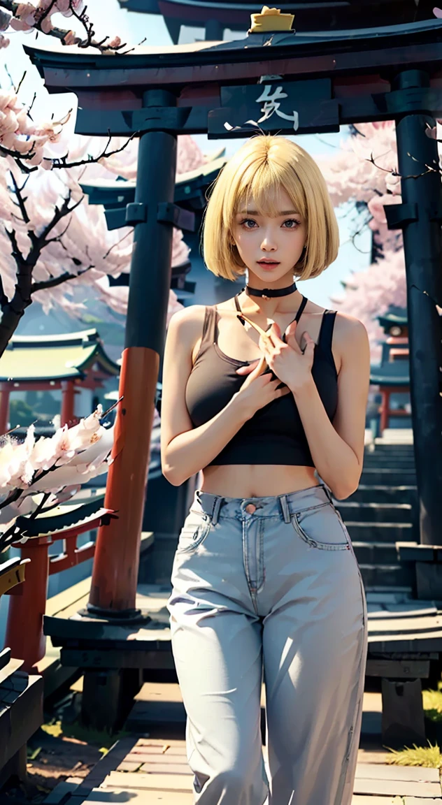 (masterpiece:1.2, highest quality, 8K, advanced details), (realistic, photorealistic:1.4), beautiful illustrations,
looking at the viewer, whole body, Front view:0.6,
((1 mature woman, 32 years old)), Japanese, ((blonde:1.5, bob hair:1.9)), blown hair, bangs, hair between eyes , Big Tits Beautiful Hair, Beautiful Hairstyles, beautiful face, beautiful and detailed eyes, (shining eyes:1.3), beautiful clavicle, beautiful body, beautiful breasts, beautiful thighs, beautiful feet, beautiful fingers, perfect anatomy:1.3, perfect anatomy,
((Place your left hand on your chest:1.3)),
(Look at the viewer while blushing:1.3)
((Pants too, choker:1.3)), ((shrine:1.6, Within the territory, torii, Cherry tree:1.3))