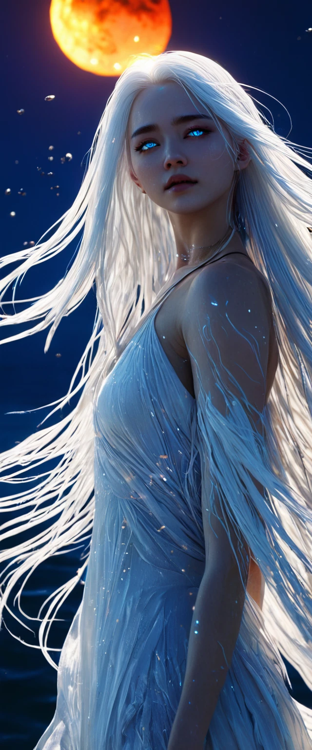 cosmic fallen angel, long white hair,Veins pop out on the face,shining blue light eyes, biomechanics, Spooky, spooky, Nightmare, Very bright color, particles of light, light shines, Musif, wallpaper art, uhd wallpaper,background flame,Ocean background、Mr.々Nakami々is powerfully depicted。They are the forces of nature and people.々Symbolizing the faith of、god of the sea秘と神聖さを表現しています。Your work is、Combining mythological and religious elements、god of the sea々Please draw the figure of。
