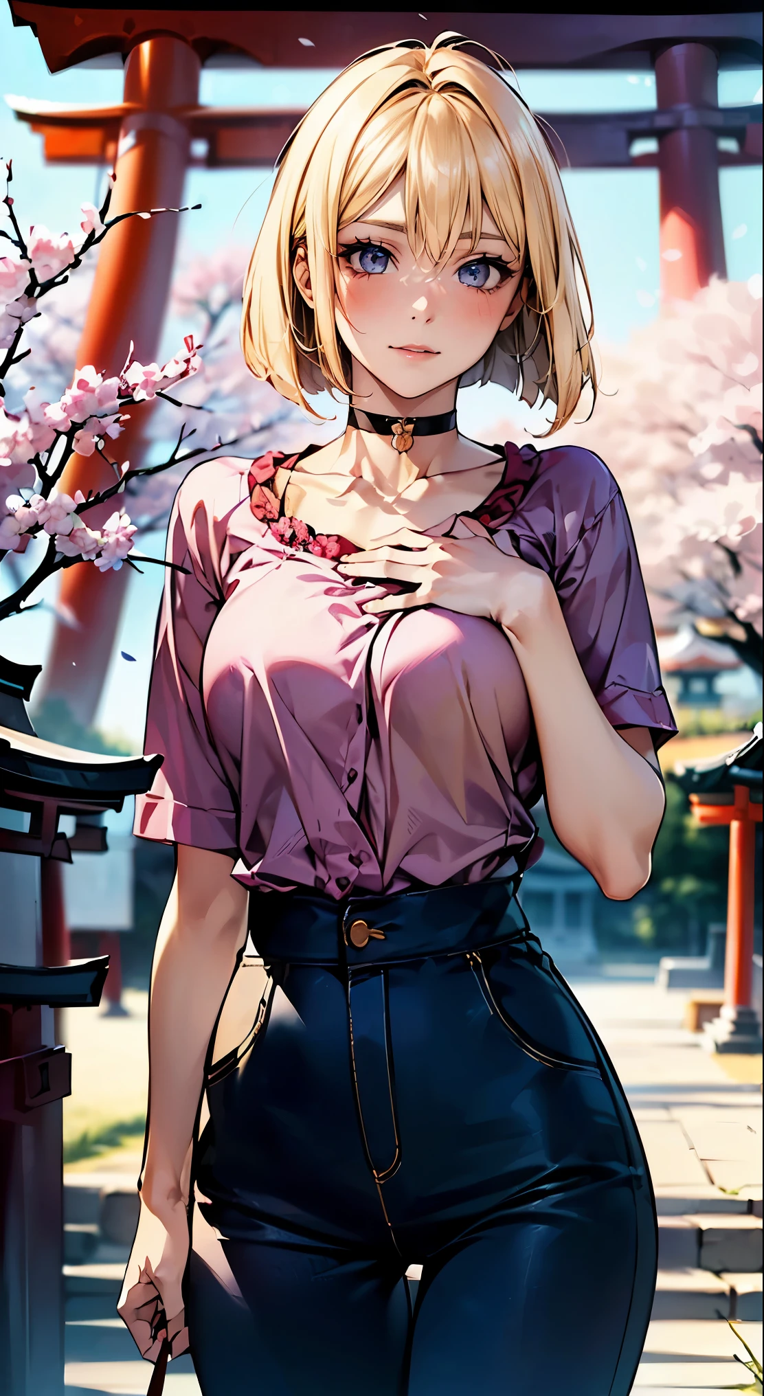 (masterpiece:1.2, highest quality, 8K, advanced details), (realistic, photorealistic:1.4), beautiful illustrations,
looking at the viewer, whole body, Front view:0.6,
((1 mature woman, 32 years old)), Japanese, ((blonde:1.5, bob hair:1.9)), blown hair, bangs, hair between eyes , Big Tits Beautiful Hair, Beautiful Hairstyles, beautiful face, beautiful and detailed eyes, (shining eyes:1.3), beautiful clavicle, beautiful body, beautiful breasts, beautiful thighs, beautiful feet, beautiful fingers, perfect anatomy:1.3, perfect anatomy,
((Place your left hand on your chest:1.3)),
(Look at the viewer while blushing:1.3)
((Pants too, choker:1.3)), ((shrine:1.6, Within the territory, torii, Cherry tree:1.3))