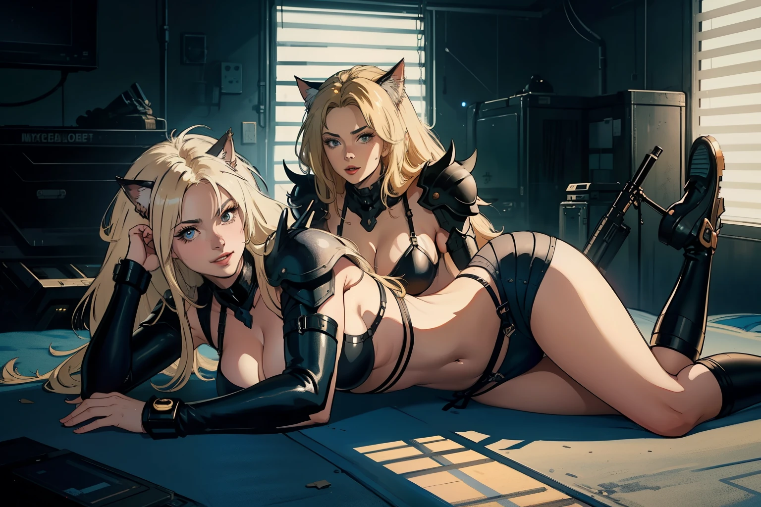 ((highest quality)), ((masterpiece)), (be familiar with), (High definition), 8K, perfect face、2 women、Two blonde women with cat ears、(Smile)、((Lying in a futuristic bed))、tall、2 Blonde cat ears、2. Long Hair、2. Volumetric hair style、big breasts、constricted waist、big ass、glamorous、Glamorous、Bikini Protector、Armor、combat suit、combat boots、cinematic、best shadow、side lighting、NEO TOKYO