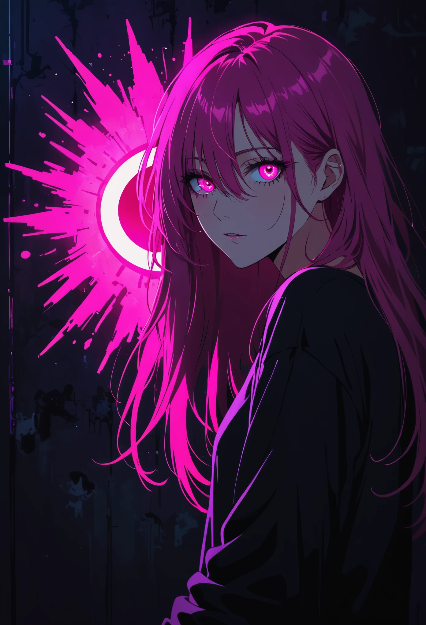 (Portrait of a mysterious giant eye)，indoor，Ambient lighting，Wall background，black background，Minimalist graffiti style background，Fluorescent pink eye graffiti，Dark atmosphere，cowboy shot,1girl,Oversized black T-shirt，Pink fluorescent hair，Fluorescent pink eyes，Hand raised and touching hair，long hair，Messy hair，low rise jeans，Over-the-knee boots，pink eye shadow，Ruined eyeshadow，Poker face，