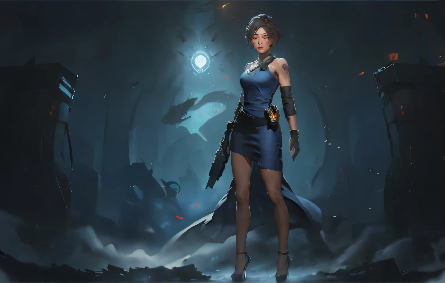 A woman in a blue dress，Right hand covering left hand，Scars all over body, Pain with eyes closed，Wearing high heels，full body shot, Charming Jill Valentine, Femshep, gianna solo, Tracer in tight dress, kushat krentz critical art women, sci-fi female characters, heroine, 《Overwatch》Anna in, modern concept art, Ray, Full body close-up, Expert high-detail concept art, star finder role