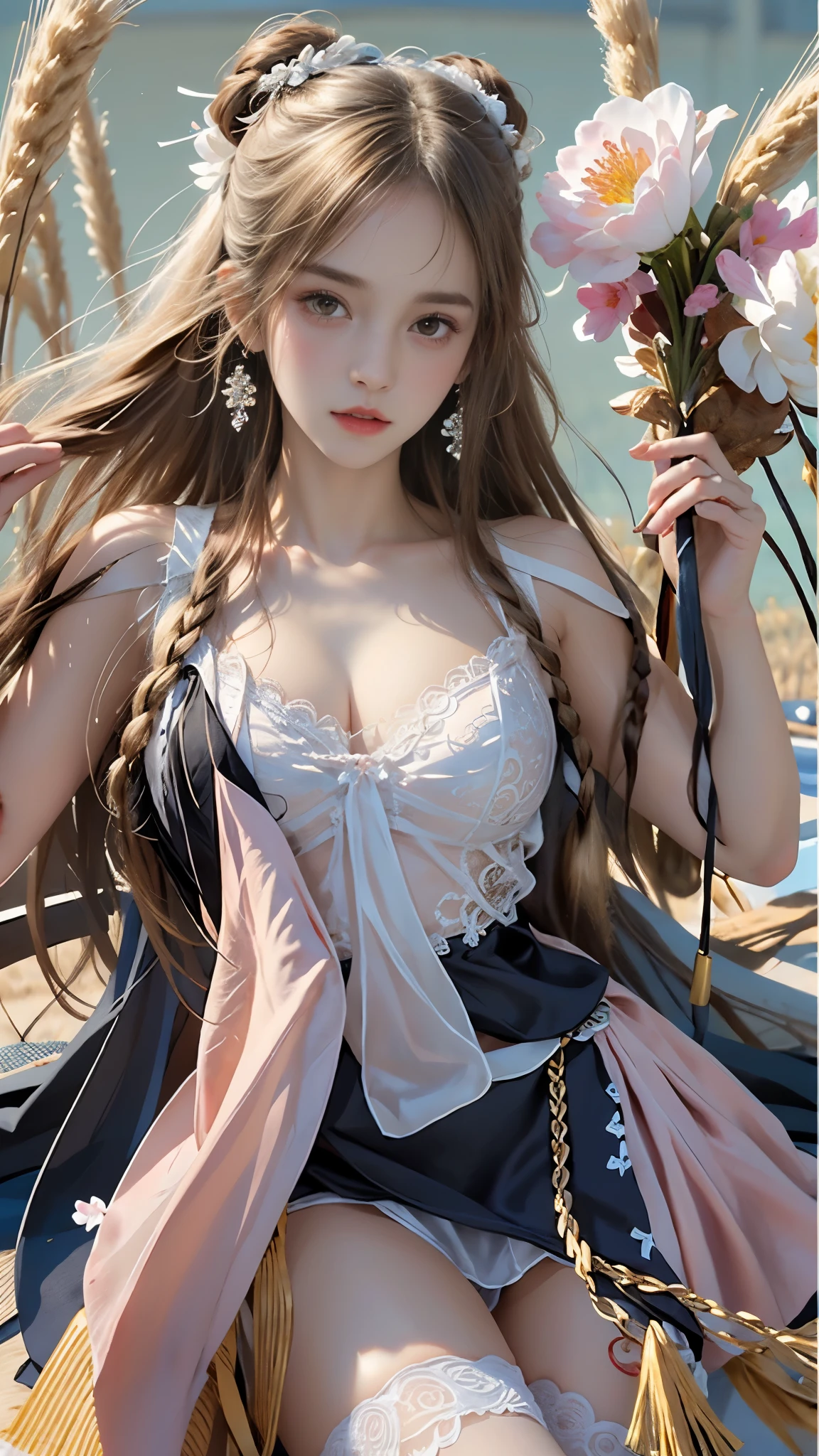 dress,white thighhighs,twin braids, masterpiece,best quality,High质量,High清晰度,High质量的纹理,High质量的阴影,High细节,Beautiful details,fine details,Extremely detailed CG,Detailed texture,lifelike的面部表现,lifelike的,colorful,Beautifully,sharp focus,(intricate details,Pure love face_v1:0.5),(细节美Beautifully脸,(细节美Beautifully眼睛),perfect比例的脸,HighSkin details,Skin details,The optimal ratio of four fingers to one thumb,emaciated:1.3),1 girl,,High,(光滑的abdominal muscles:1.55),(abdominal muscles:0.5),beautiful,perfect,High,((Big breasts, big breasts, big breasts)), ((bare shoulders)), ((The skirt is very short)), (long legs),(straight legs),(thin waist),((White skin)),White skin,((White skin)),(Emma Watson),big breasts,((Caucasian)),Light blonde hair,Stand with your legs apart,looking at the audience,whole body,Portrait of cute blonde girl,((Standing in the wheat field,look into the distance)),bloom,orange mist,kinetic,strands of hair,lifelike,High品质渲染,amazing art,High品质,Film texture,Fuji XT3,dream