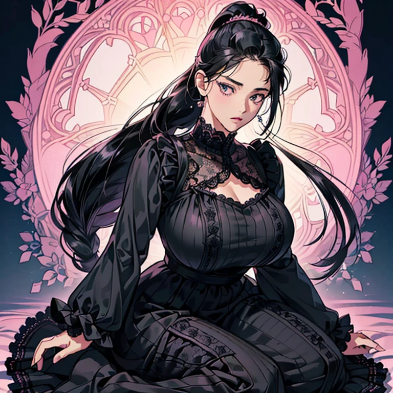 (Anime Moe Style)),((game CG)),(masterpiece),(highest quality), (Super detailed),shape,((very delicate and beautiful)), ,sharp look,looking at the viewer,(((18 years old female)),((whole body)),detailed face and eyes,Intense eyes like jewels,(long ponytail),,,(super huge breasts,Long and slightly saggy breasts,) plump body black hair, black eyes A long-sleeved, long-skirted dress in gorgeous all-lace. A tight-fitting lace outfit. Pink and black lace fabric. Translucent. Arrogant. Kneeling. Hands behind head.