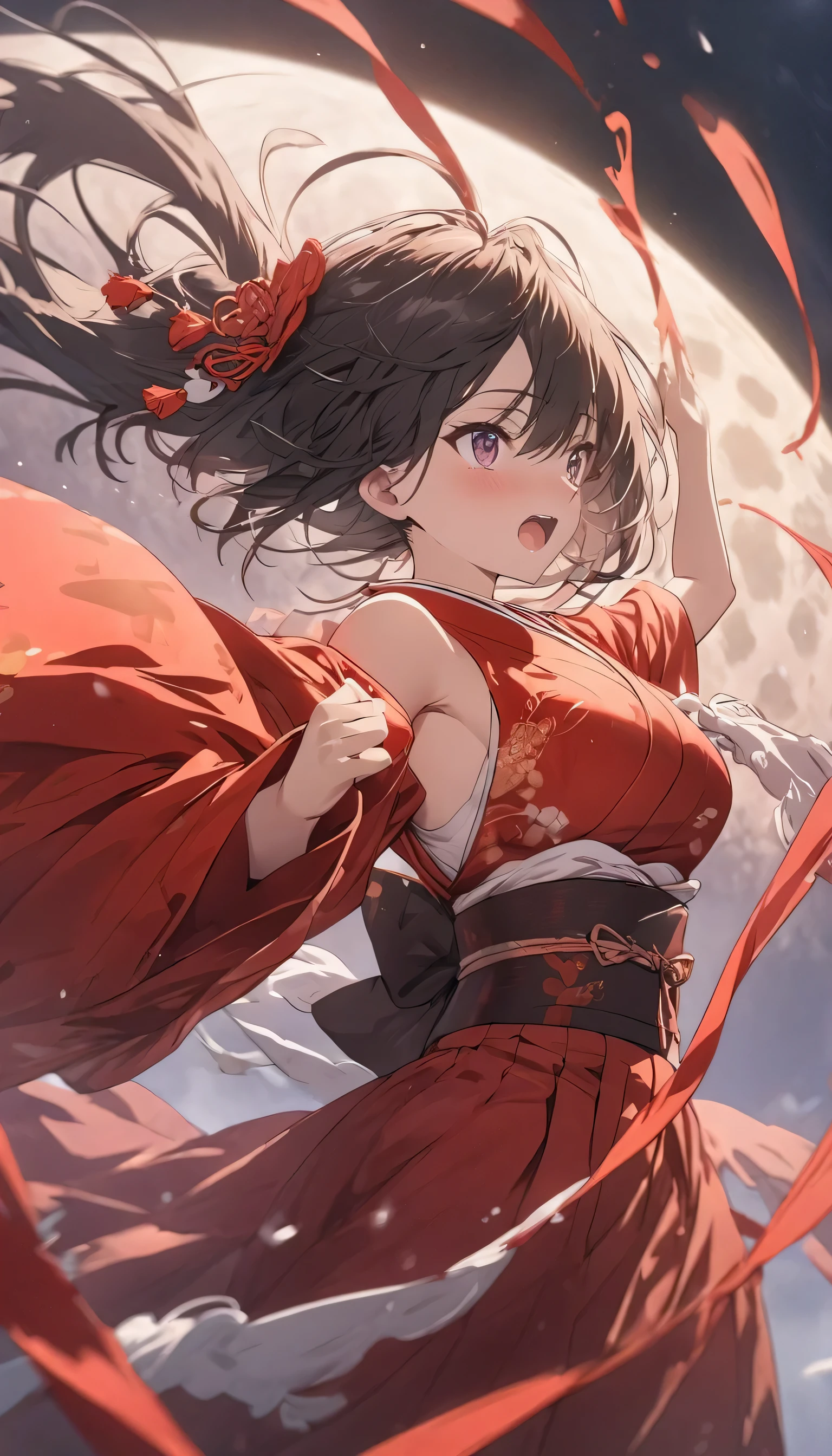 (highest quality、masterpiece、High resolution、detailed), BREAK,(Shining eyes、detailed beautiful face)、anime、masterpiece, anime、, BREAK,highest quality, samurai in red kimono, Fabric flowing through the air, moon, northern grassland, flat style、Dancing a magnificent dance、dynamic angle, BREAK,