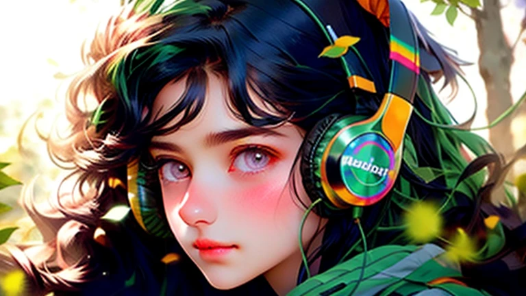 And she is big, Captivating eyes that exude warmth and kindness. --Rainbow 5,highest quality, masterpiece, very detailed,, 1 girl, solo, black hair, hair length, wavy hair, fluffy hair,, Depth of the bounds written, Bokeh,Relaxing with headphones on,Fresh green tree々