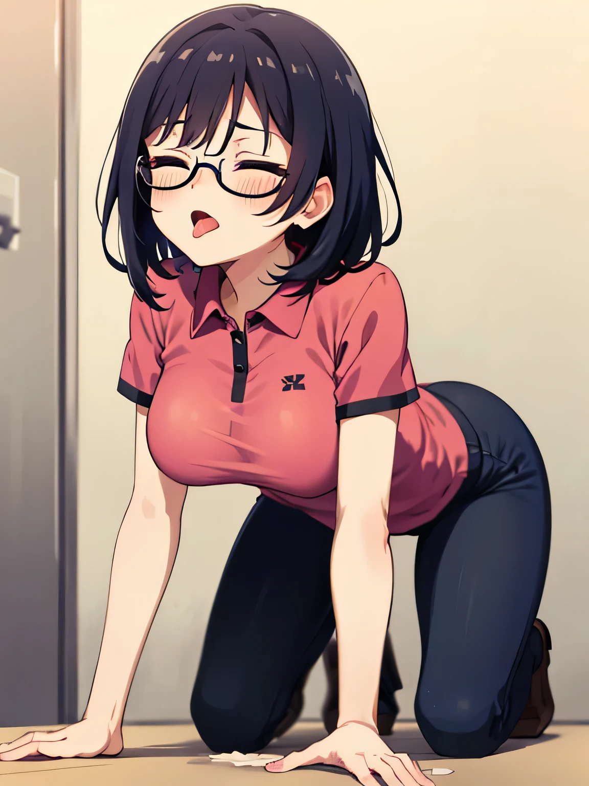 Front Kneeling Sitting On all fours Eyes closed、Open your mouth wide、Sticking out tongue, wearing magenta polo shirt, black pants, adult woman wearing glasses, The exact number of fingers、 Exact number of legs、Exact number of arms、, short hair black hair, (blush:1),  cum in mouth, (beautiful middle breasts:1.2),highest quality, High resolution,highly detailed face, Very detailed CG, (perfect hands, perfect anatomy),Hospital Examination room Tongue covered in bodily fluids Waiting Unaware Mouth cumshot Facial cumshot Dynamic angle
