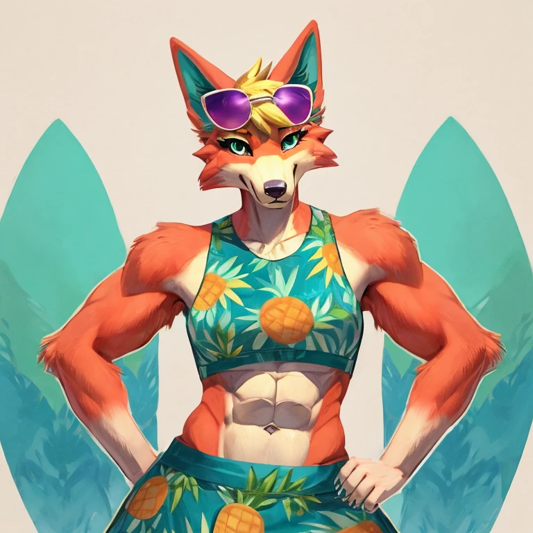 a digital artwork of audie with abs wearing a crop top of her turquoise and pineapple muumuu with a turquoise and pineapple skirt, a bare midriff and a bare navel , she has sunglasses on her forehead 